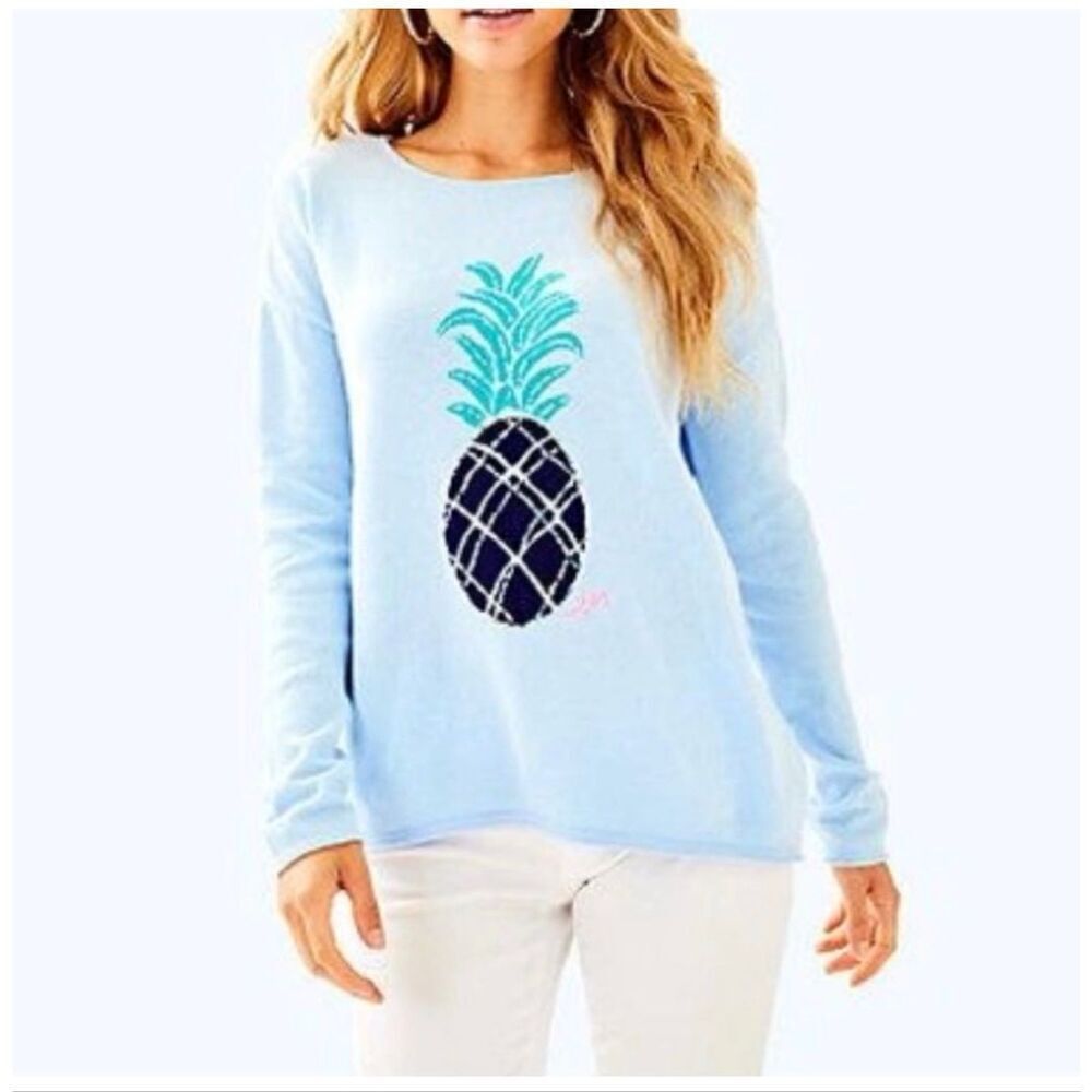 Lilly Pulitzer "Roselle" sweater in a light blue color featuring a sequined pine